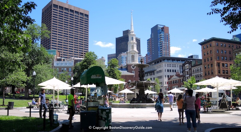 Boston Common, with Park Street Church (Freedom Trail site) in the background Boston Common, with Park Street Church (Freedom Trail site) in the background