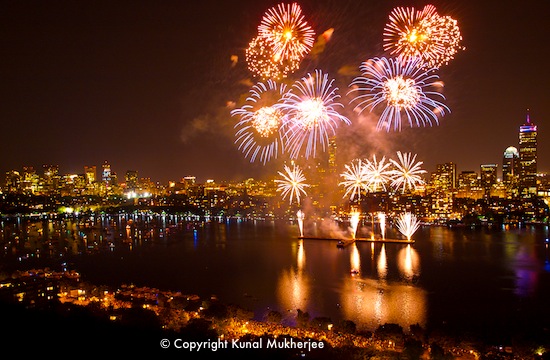Boston fireworks in the Charles River next to the Esplanade - photo credit Kunal Mukherjee