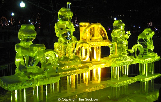 First Night Boston ice sculpture of frogs - photo courtesy of Tim Sackton