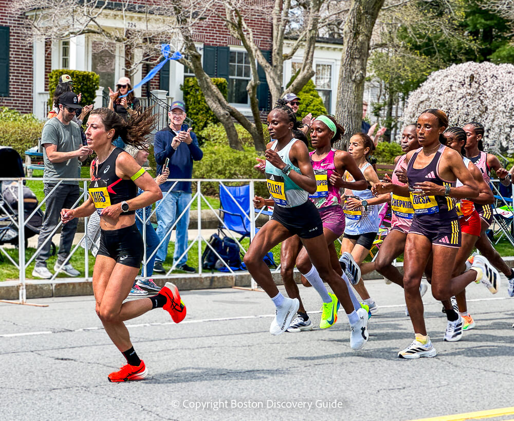 Hellen Obiri (2nd from left), 2024 Boston Marathon winner in the Women's Division