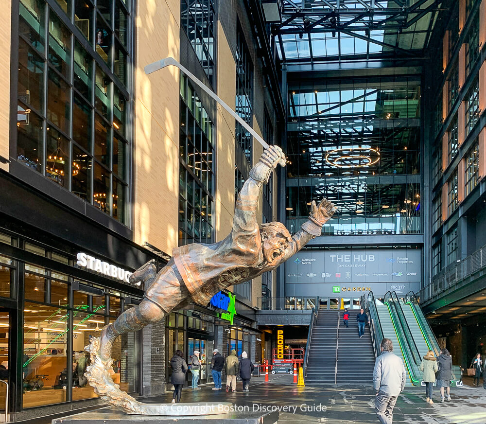 Statue of Bobby Orr (the most famous Boston Bruin of all times) in front of the entrance to TD Garden