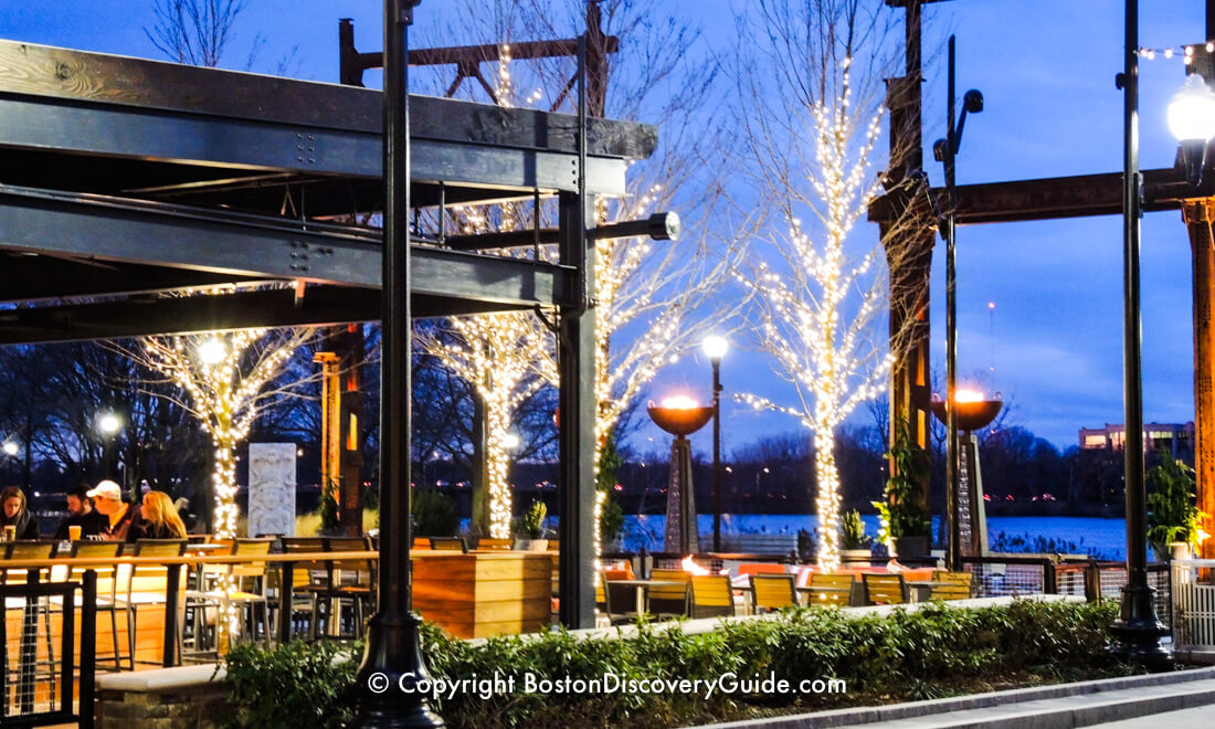 Terrace dining overlooking the Mystic River at Assembly Row