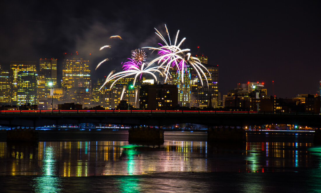 New Year's Eve fireworks over Boston, photographed from the Seaport/South Boston waterfront 