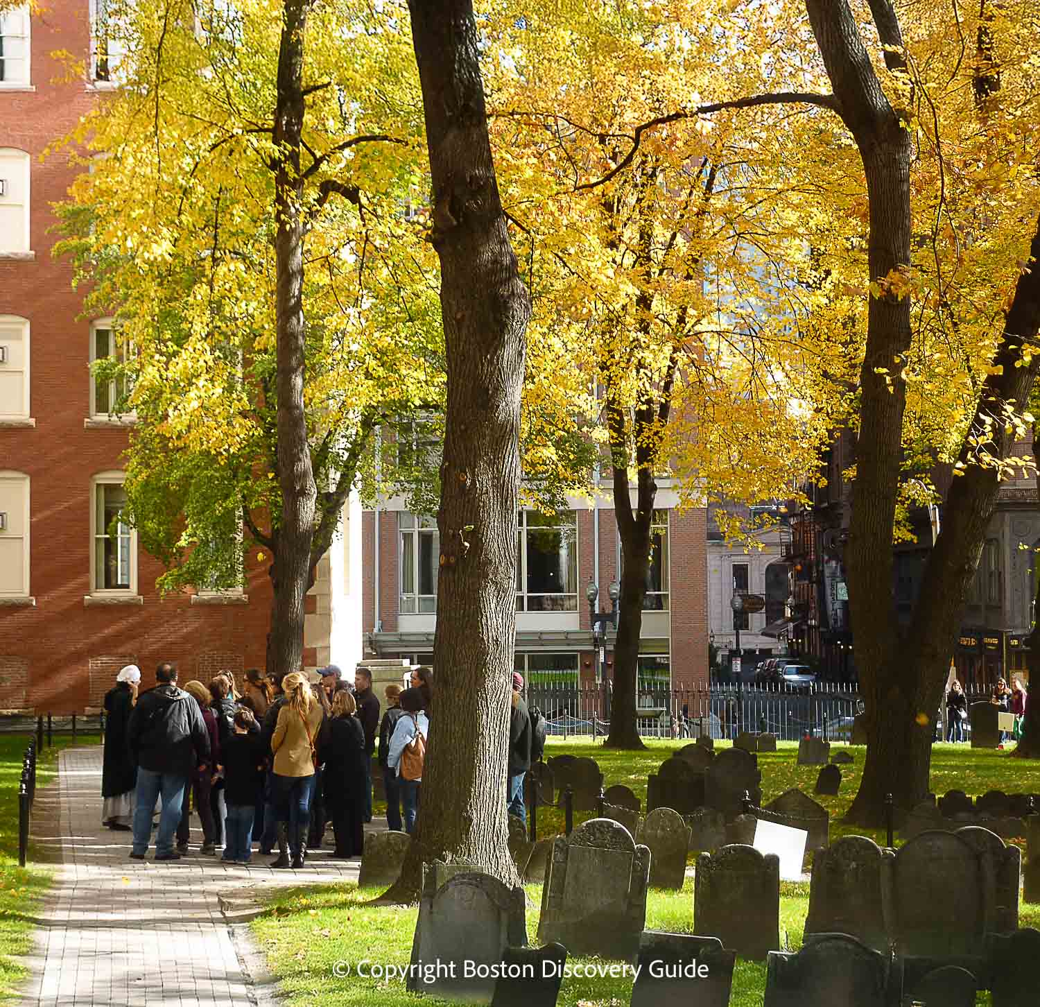 Granary Burying Ground on Boston's Freedom Trail, across from Hotel AKA Boston Common (which you can glimpse toward the back center)