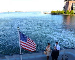 View from observation deck of Odyssey cruise ship leaving Boston Harbor