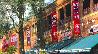 Boston Red Sox schedule for September - World Series win banners outside Fenway Park Boston Red Sox schedule for September - World Series win banners outside Fenway Park