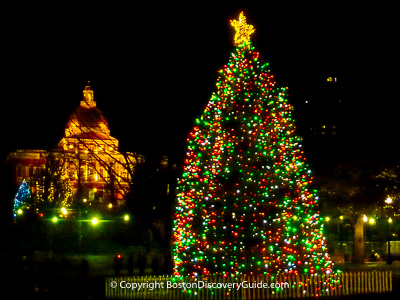 Christmas Tree in Boston Common - Massachusetts State House in Background