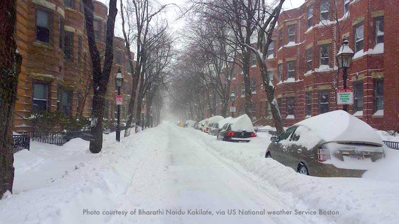 A street in Boston's Back Bay neighborhood, buried in snow by the same nor'easter-blizzard shown in the photo above