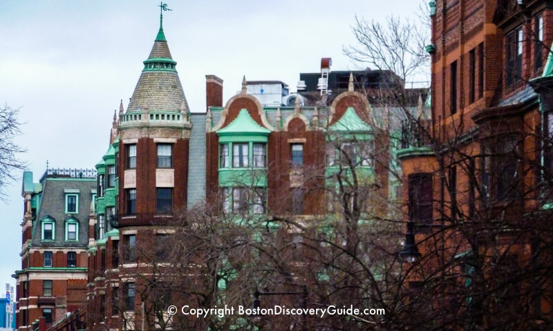 The benefit of no leaves on the trees? You can see the beautiful architecture and copper trim on these brownstones along Beacon Street in Boston's Back Bay neighborhood The benefit of no leaves on the trees? You can see the beautiful architecture and copper trim on these brownstones along Beacon Street in Boston's Back Bay neighborhood