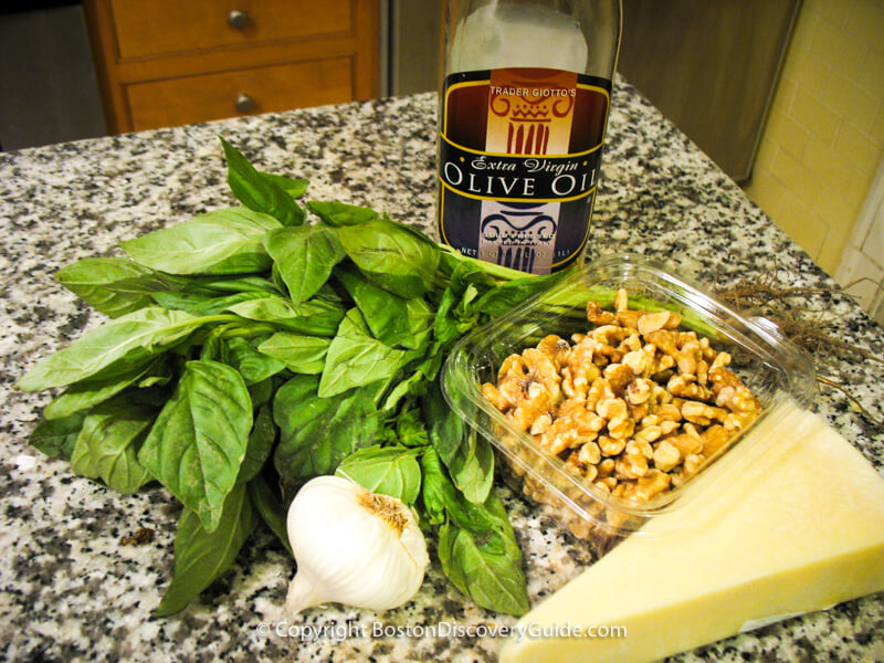 Ingredients for basil pesto: basil, olive oil, garlic, walnuts, asiago cheese IIngredients for basil pesto: basil, olive oil, garlic, walnuts, asiago cheese