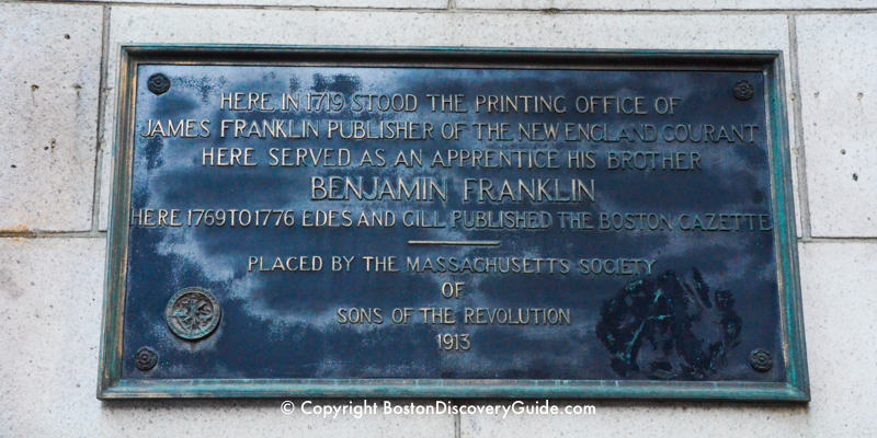 Memorial marker on Court Street near Old City Hall marking the spot of Franklin's brother's printing office