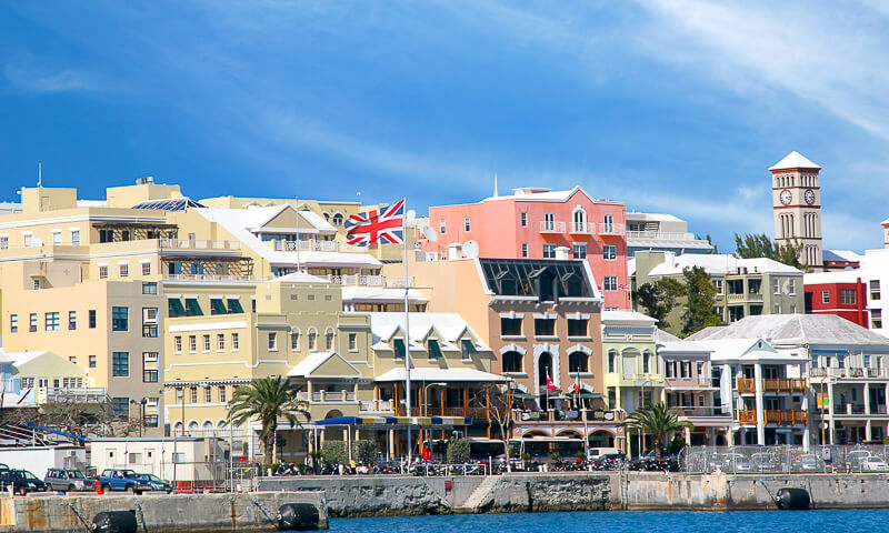Pastel-colored buildings along Front Street in Hamilton, Bermuda