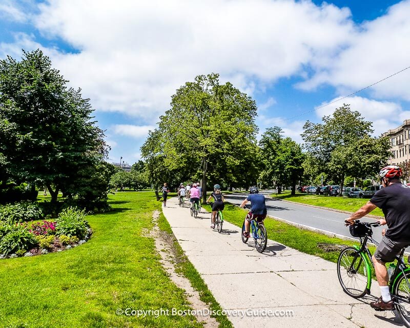 Bike riders in Boston's Fenway neighborhood, near the famous Victory Gardens
