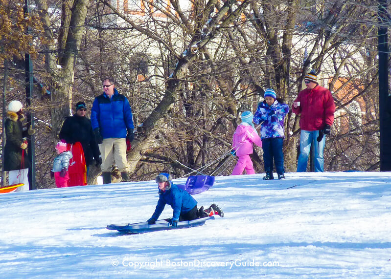 Sledding down a hill on Boston Common Sledding down a hill on Boston Common
