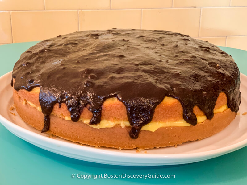 Boston cream pie ready to serve