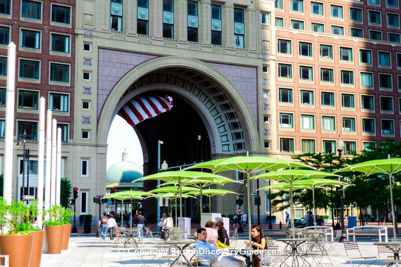 Seating on the Greenway in front of the Boston Harbor Hotel