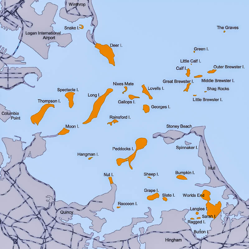 Map of Boston Harbor Islands, courtesy of the National Fisheries Service Map of Boston Harbor Islands, courtesy of the National Fisheries Service