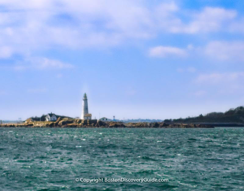 Boston Light on Little Brewster Island, seen during a whale watch cruise