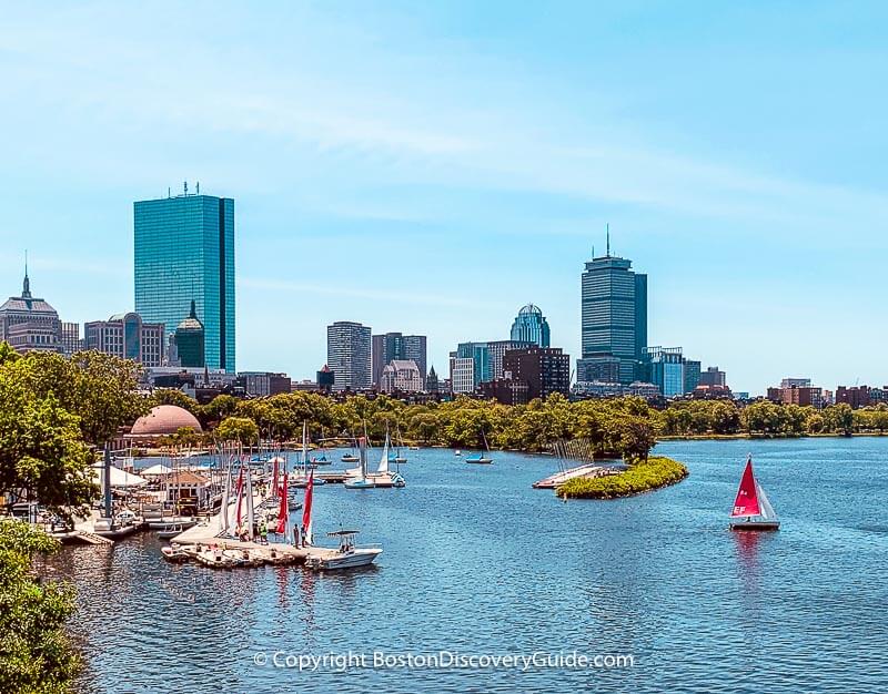 View of the fireworks launch area (just beyond the red sailboat) on the Charles River - the Liberty Hotel (out of view in this photo) is across from the Longfellow Bridge, where this photo was taken