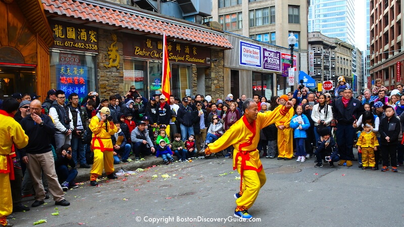 Kung-fu demonstration during the Chinese New Year parade and celebration in Boston's Chinatown in February