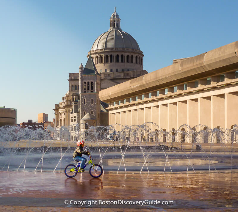 Spray fountains at Christian Science Plaza in Boston's Fenway neighborhood