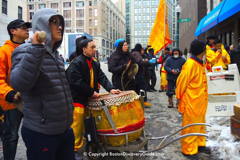 Boston Chinese New Year Parade - Lion Dance drummers and clowns Boston Chinese New Year Parade - Lion Dance drummers and clowns