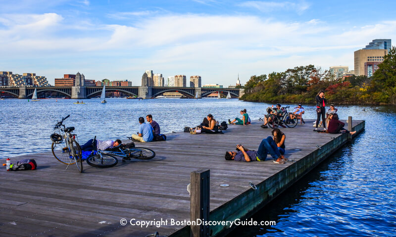 Floating docks are like a beach along the Esplanade and Charles River Floating docks are like a beach along the Esplanade and Charles River