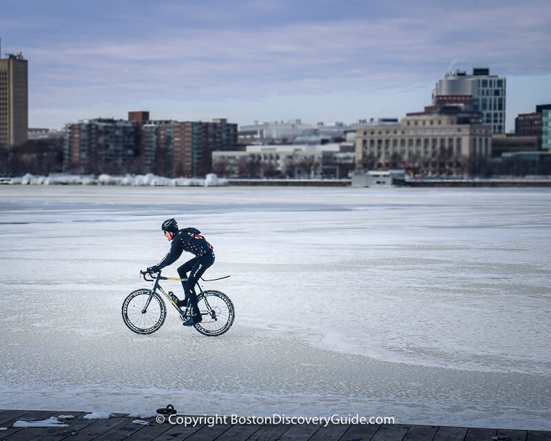 Bicycle rider on the partially-frozen Charles River - NOT a good idea! Bicycle rider on the partially-frozen Charles River - NOT a good idea!