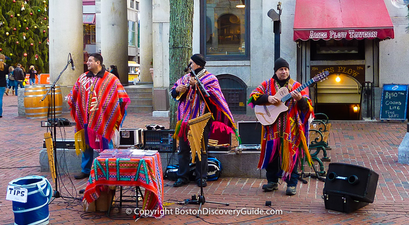 Street performers playing music in Faneuil Hall Marketplace