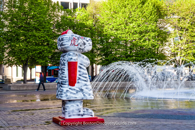 Sculpture by the splash fountains on Christian Science Plaza