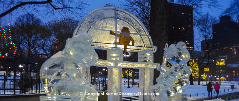 New Year's Eve ice sculpture depicting Tadpole Playground on Boston Common