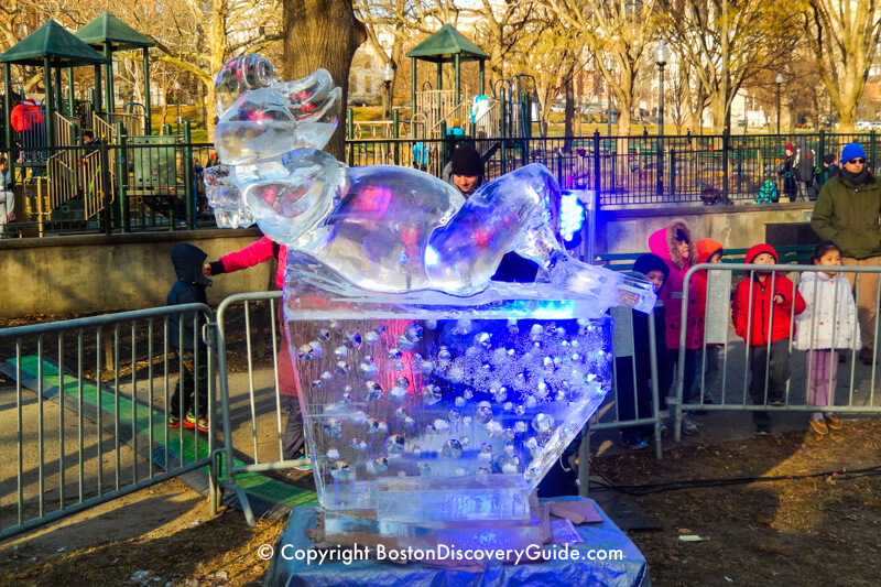 First Night ice sculpture near Tadpole Playground and Frog Pond on Boston Common