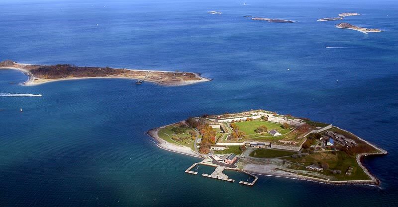 Georges Island in front, Gallops Island to the left, and Brewster Islands