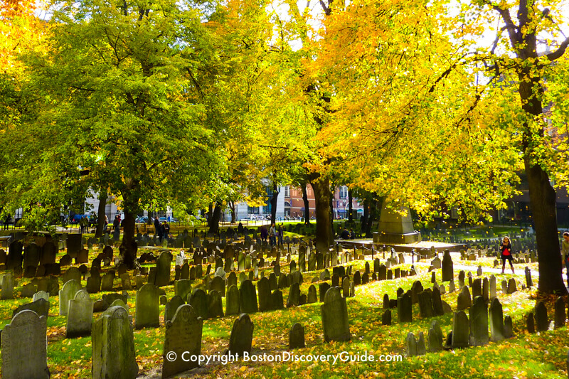 17th century gravestones in Granary Burying Ground on a fall afternoon 17th century gravestones in Granary Burying Ground on a fall afternoon
