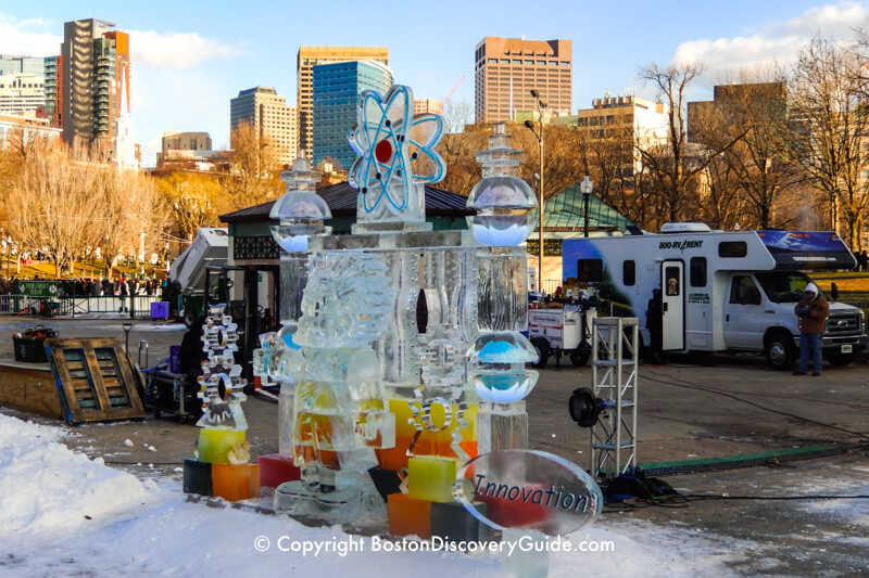 First Night ice sculptures being constructed on Boston Common 