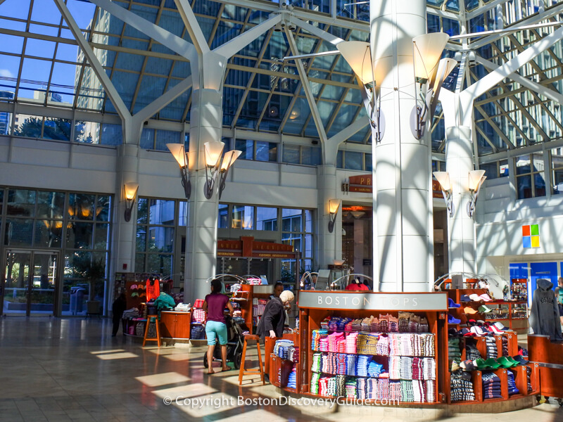 Boston Shops's kiosk at Prudential Mall features, you guessed it, Boston logo clothing Boston Shops's kiosk at Prudential Mall features, you guessed it, Boston logo clothing