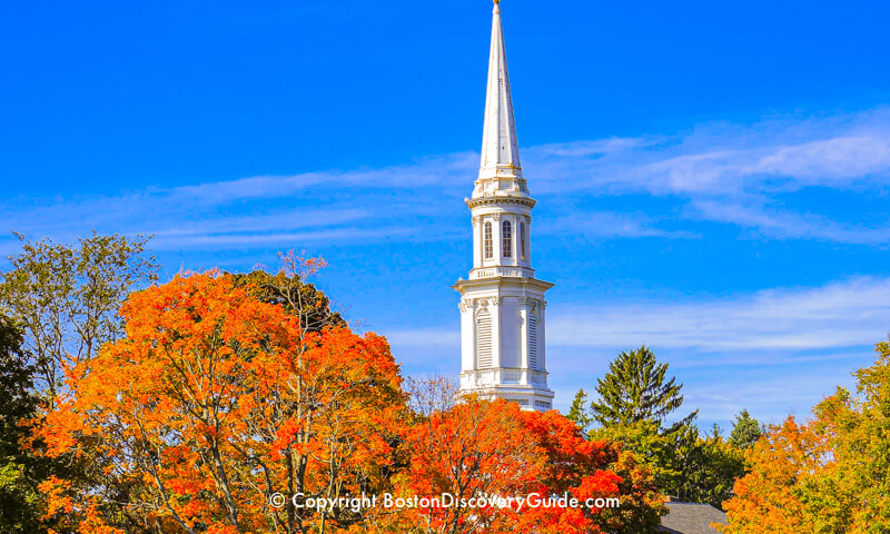 Fall foliage and church steeple in Concord, west of Boston