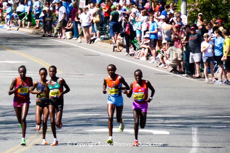 Runners in the Women's Elite Division in the almost 90 degree heat during the  Boston Marathon 