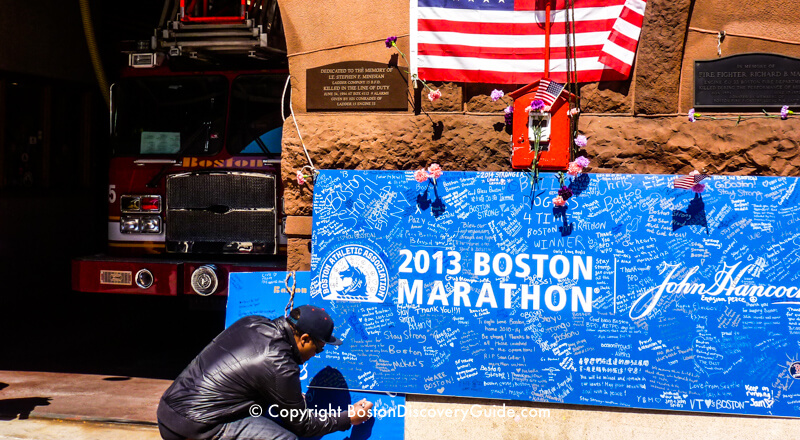 Messages transform a Boston Marathon sign into a memorial at the Engine 33/Ladder 15 firehouse Messages transform a Boston Marathon sign into a memorial at the Engine 33/Ladder 15 firehouse