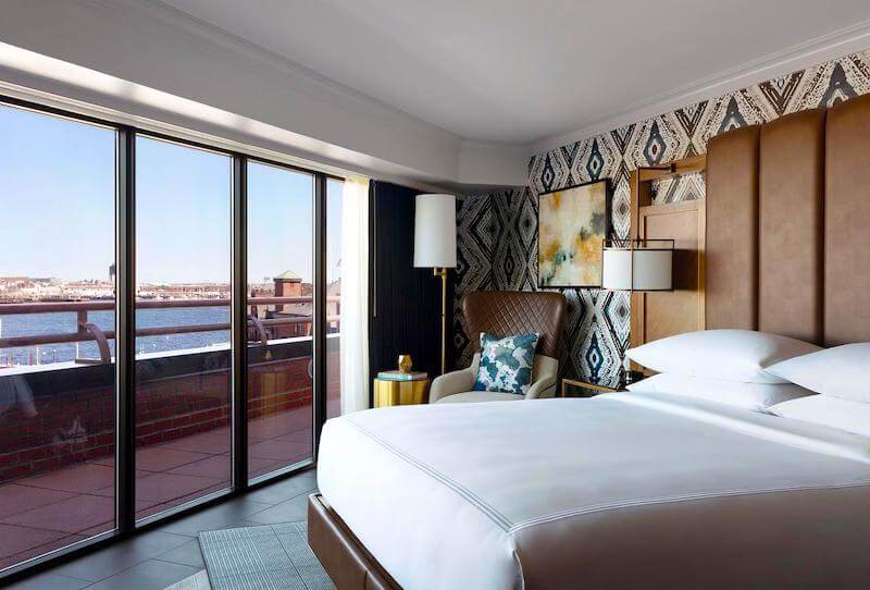 Guest room overlooking Boston Harbor at the Marriott Long Wharf
