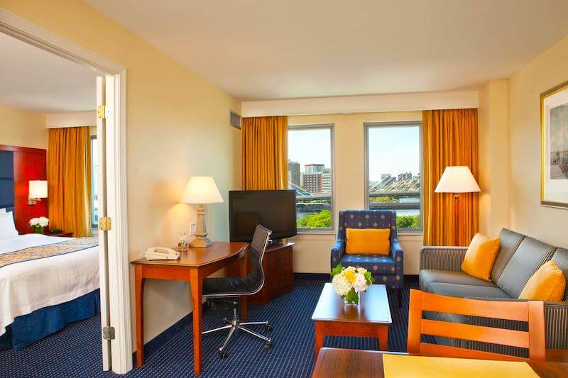 Suite at the Residence Inn on Tudor Wharf - outside the window, you can see the Zakim Bridge, the Inner Harbor, and TD Garden Suite at the Residence Inn on Tudor Wharf - outside the window, you can see the Zakim Bridge, the Inner Harbor, and TD Garden