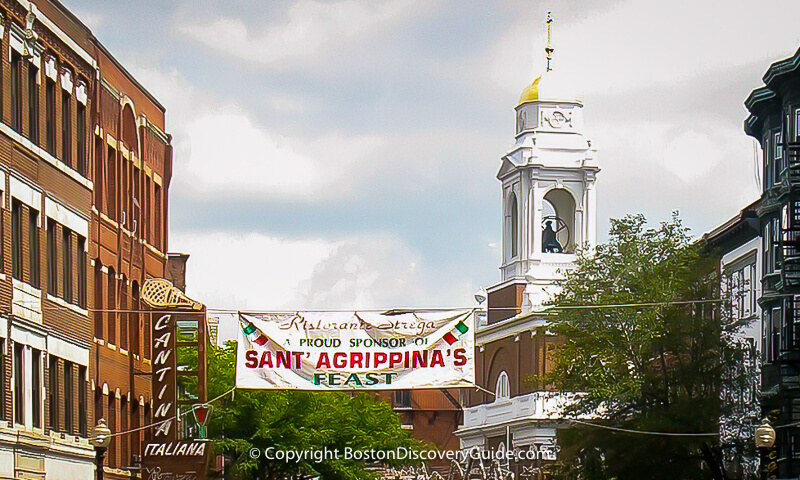 Boston's North End, where the annual feasts and festivals take place each summer Boston's North End, where the annual feasts and festivals take place each summer