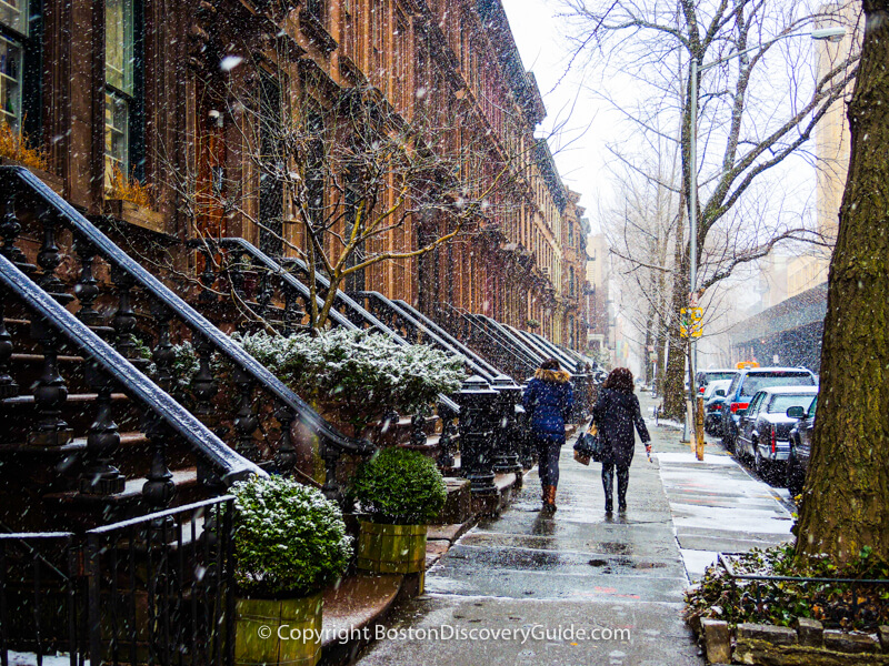 New York brownstones on a snowy March afternoon