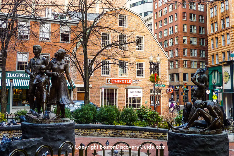 Another view of the Old Corner Bookstore, seen from the Irish Famine Memorial across the street