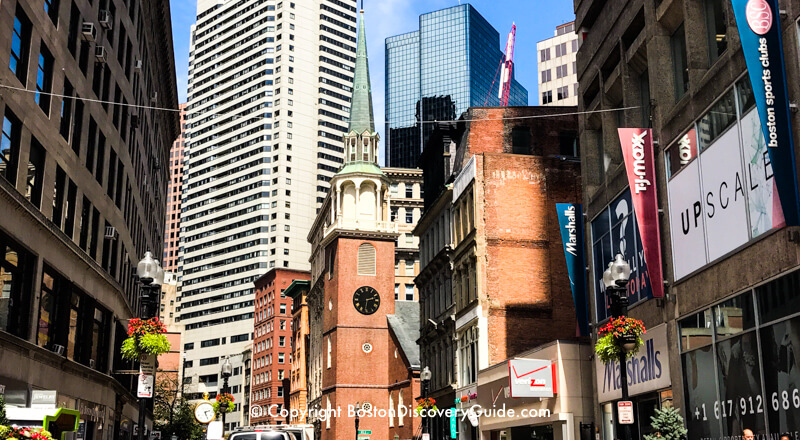 Old South Meeting House, seen from Downtown Crossing area of Washington Street Old South Meeting House, seen from Downtown Crossing area of Washington Street