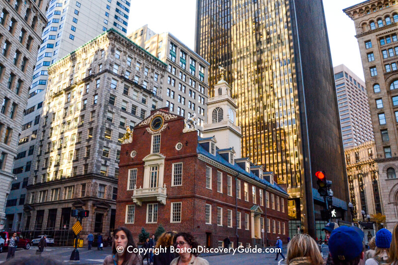 Paul Revere Statue in Boston's North End, with Old North Church in the background