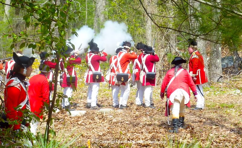 British Reenactors firing their muskets after being ambushed by Colonials during a portrayal of the Redcoats' retreat back to Boston