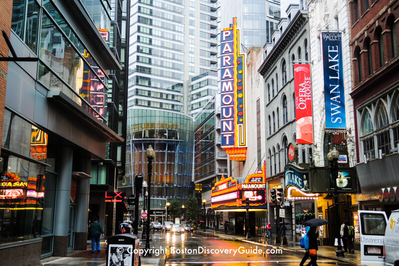 Boston's Theatre District in the rain