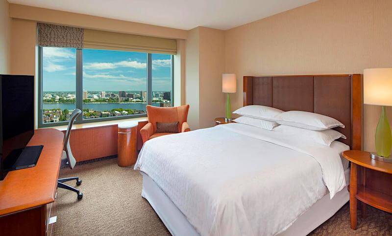 Guestroom with Charles River View at the Sheraton Boston Hotel