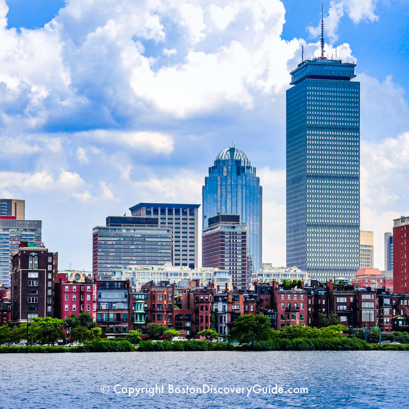 Backs of Victorian mansions in Back Bay, Prudential Center buildings